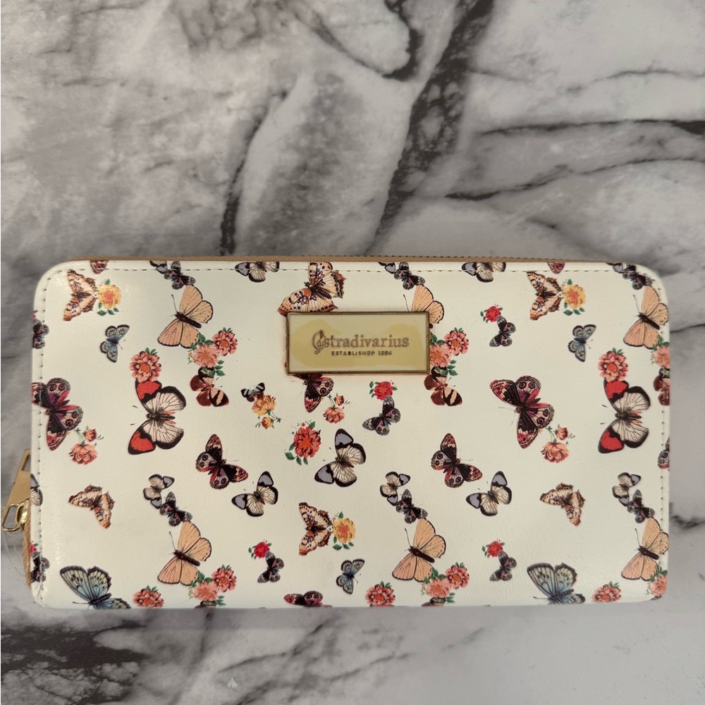 stradivarius cream Cartoon Fox Pattern Wallet with Gold Hardware